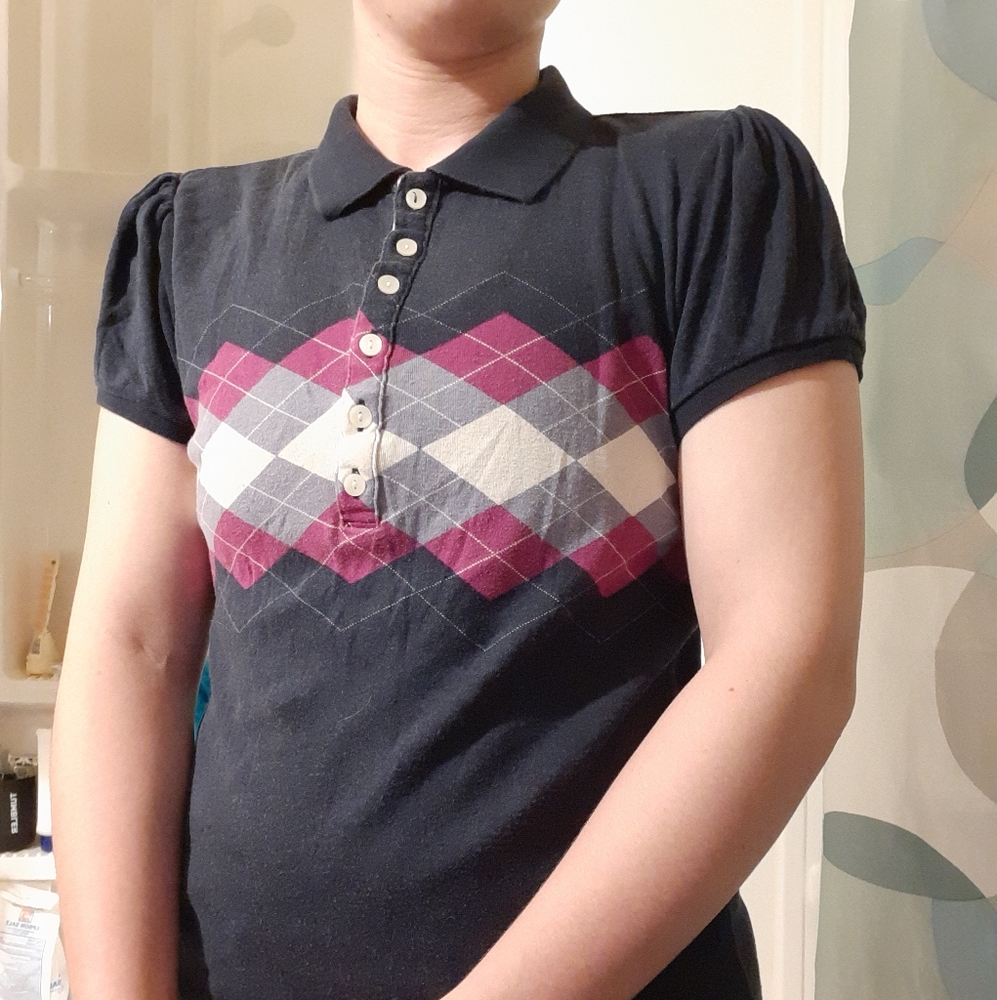 OLD NAVY Large Navy Blue Purple Argyle Blouse